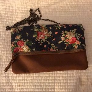 Navy blue floral and brown crossbody purse